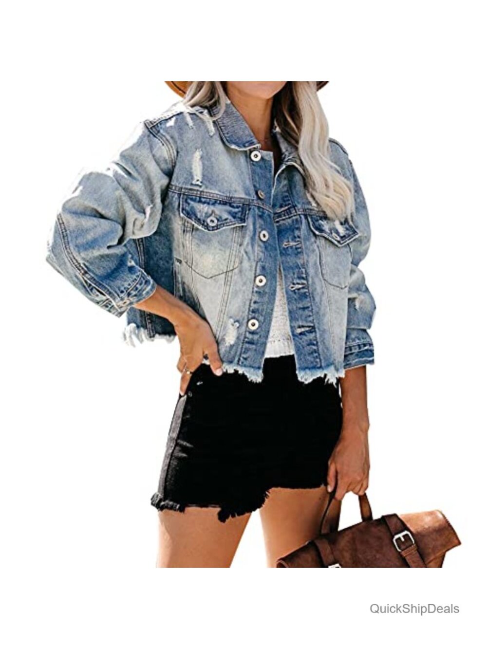 Distressed Denim Jacket Button Down Frayed Raw Hem Boyfriend Fit